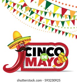 Festive banner and icon set design for Cinco De Mayo with ribbon, balloons, confetti, fireworks, sombreros and other fun objects. EPS 10 Vector.