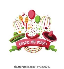 Festive banner and icon set design for Cinco De Mayo with ribbon, balloons, confetti, fireworks, sombreros and other fun objects. EPS 10 Vector.