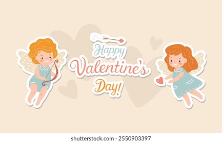 festive banner with illustrations of cherub angels celebrating Valentine's Day with hearts