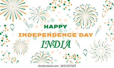 Festive Banner for Independence Day India, 15 August.The color of the flag, fireworks, confetti, typography on white background. For Indian festive designs dedicated to Indian culture.Vector image
