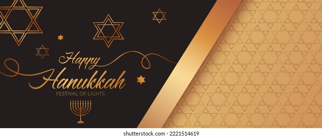 Festive banner with left side made up of golden text Happy Hanukkah, candlestick, stars of David on the black background and golden ornament and ribbon on the right side for Hanukkah Jewish holiday.