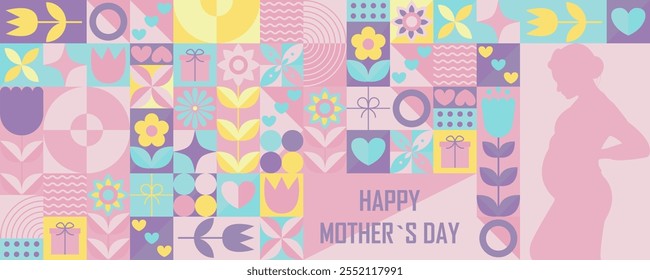 Banner festivo para o Dia das Mães. Silhueta de uma mulher grávida. Padrão de mosaico moderno primavera floral. Brutalismo minimalista design geométrico. Ilustração vetorial