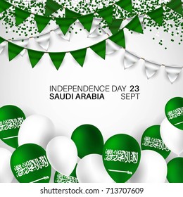 Festive Banner with National Flags and Balloons of The Saudi Arabia. Happy independence day. The inscription Kingdom of Saudi Arabia 23rd September - Day of the United Kingdom Saudi