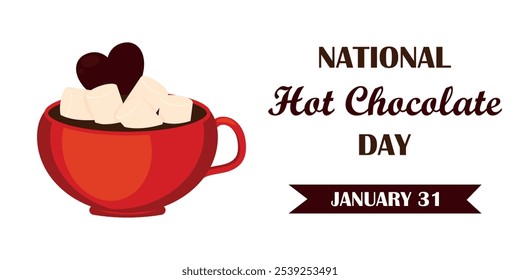 Anuncio festivo por el Día Nacional del Chocolate Caliente. Taza roja de chocolate caliente con malvaviscos y caramelos en forma de corazón sobre fondo blanco. Ilustración vectorial