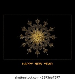 Festive banner for the New Year, a snowflake made of golden fine dust on a black background.