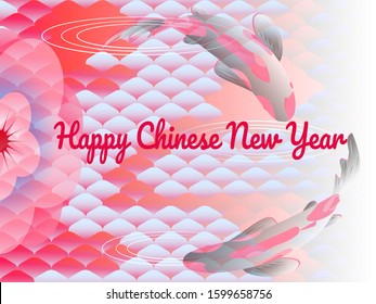Festive banner in oriental style with text - Happy Chinese New Year, against background of national oriental pattern,  fish scales of carp Koi, fishes and flower sakura. Vector illustration, text. 