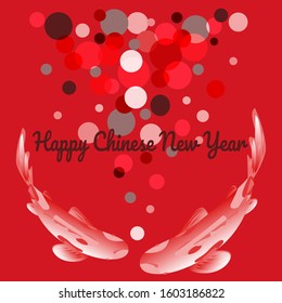 Festive banner in oriental style with text - Happy Chinese New Year, on bright red background carp koi and decor. Vector illustration, text.