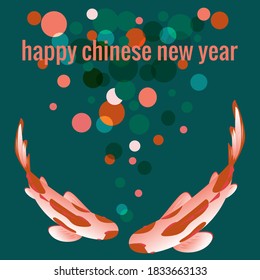 Festive banner in oriental style with text - Happy Chinese New Year, on dark green background koi carp and decor. Vector illustration, text.