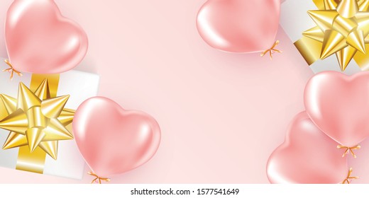 Festive banner with pink helium balloons. Frame composition with space for your text.  Romantic background. Valentine's day concept .