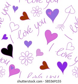 Festive banner and poster in brown and violet colors. Happy Valentines Day lettering greeting card seamless pattern. Vector abstract hearts and love symbols on a white background.