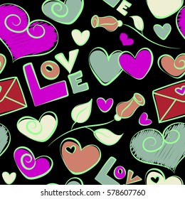 Festive banner and poster in pink and red colors. Happy Valentines Day lettering greeting card seamless pattern. Vector abstract hearts and love symbols on a black background.