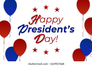 Festive banner, poster for President's Day in blue and red colors with stars and stripes, state symbols and elements of the flag. Happy President's Day phrase