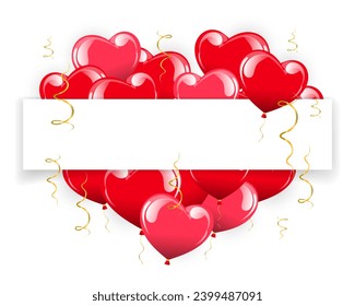 Festive banner, red heart balloons and golden streamers with white template for text. Postcard I love you, poster, 3d illustration, vector