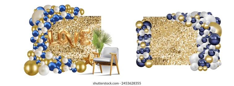 A festive banner with sequins- white, yellow, shiny golden balloons and confetti made of gold and black foil.Photo zone for a holiday, birthday