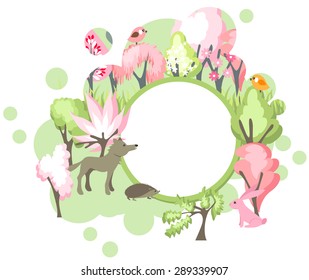 Festive banner with spring forest landscape and wild animals - wolf, fox, hedgehog and hare