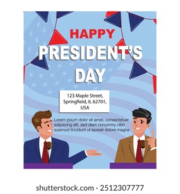 Festive banner with two male candidates debating, microphones, American flag, Happy Presidents Day