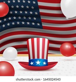 Festive banner with Uncle Sam hat, air balloons and empty space. Design for the feast of President's Day and Independence Day in USA. Sale banner, invitation, poster, invitation. Vector illustration