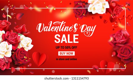 Festive banner for Valentine s Day sale. Holiday design elements. Promo seasonal offer.