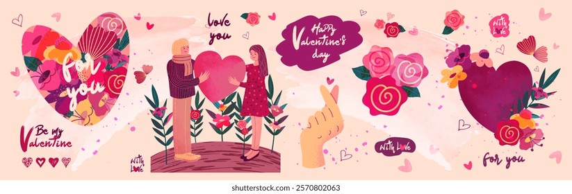 Festive banner for Valentine's Day. Horizontal poster with hand drawn flowers, heart, man and woman in love. Watercolor textures, quotes.