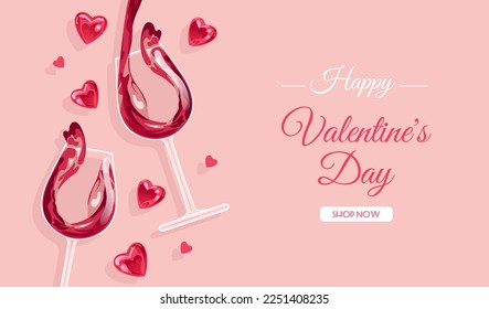 Banner festivo para el Día de San Valentín, Día Internacional del Vino. Vidrio realista del vino de rosa brillante. Corazones brillantes. Para publicidad, sitio web, afiche, volante