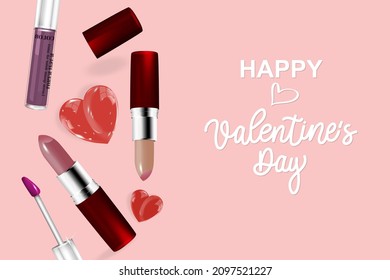 A festive banner for Valentine's Day. Realistic cosmetics with a heart and a calligraphic inscription on a pink background for greeting cards, headlines and website, vector design.