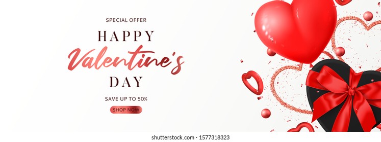 Festive banner for Valentine's Day sale. Vector illustration with realistic air balloon, black gift box, red hearts and confetti. Festive greeting background. Promo holiday banner.