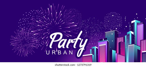 Festive banner, vector illustration. Night city highlighted by neon lights. Horizontal congratulatory poster, greeting cards, headers for web site.