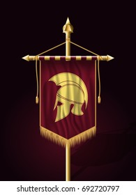 Festive Banner Vertical Flag with Helmet of Warrior. Wall Hangings with Gold Tassel Fringing. Has Place for Inscription or Logo
