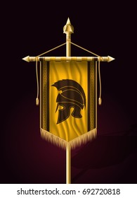 Festive Banner Vertical Flag with Helmet of Warrior. Wall Hangings with Gold Tassel Fringing. Has Place for Inscription or Logo