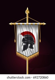 Festive Banner Vertical Flag with Helmet of Warrior. Wall Hangings with Gold Tassel Fringing. Has Place for Inscription or Logo