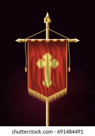 Festive Banner Vertical Flag with Religious Cross. Wall Hangings with Gold Tassel Fringing. Has Save Space for Inscription or Logo