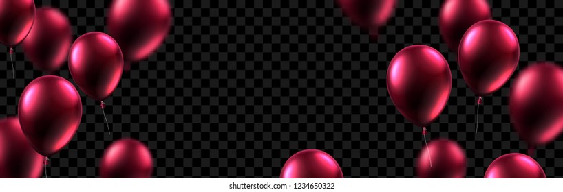 Festive banner with vinous shiny balloons on transparent backdrop. Holiday design. Vector background.