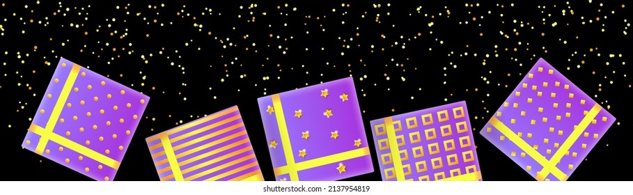 Banner festivo con cajas de regalo violeta y confiti dorado