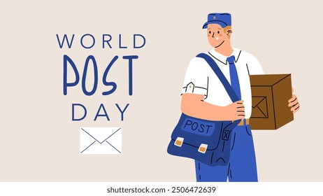 Anuncio festivo para el Día Mundial del Correo. Cartero en uniforme con un Grande bolso de correo y un paquete en sus manos. Entrega de pedidos. Ilustración vectorial aislada sobre un fondo transparente.