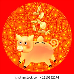 Festive banner-postcard with the image of a golden pig piggy bank, a symbol of the year and coins in a golden circle with lanterns on a red background. Square.