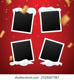 Festive banners with 4 vintage photo frames and falling realistic golden confetti. Set of instant photos on red background. Snow caps and snowdrifts for Christmas greeting card. Happy new year flyer.