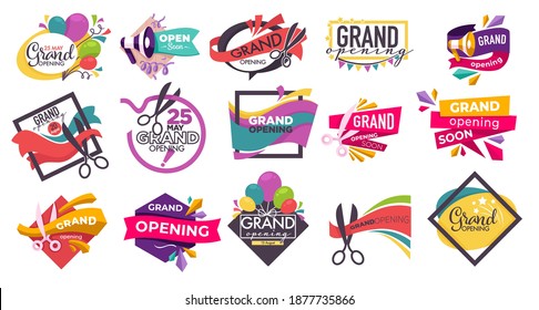 Festive banners and badges for grand opening of shop, store or mall. Emblems with cutting scissors, inflatable balloons and stars decoration. Advertisement and marketing. Vector in flat style