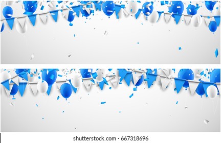 Festive banners with blue and white flags and balloons. Vector illustration.
