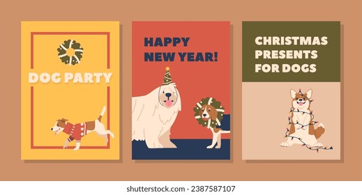 Festive Banners Featuring Adorable Christmas Dogs In Funny Hats, Wreaths And Garland, Spreading Holiday Cheer And Warmth