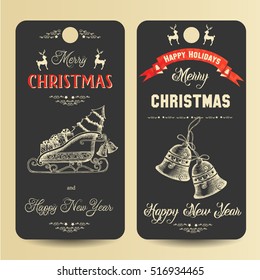 Festive banners with greeting inscription Merry Christmas and Happy New Year and hand-drawn symbols of Christmas. Sketch. Happy Holidays. Vector