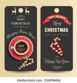 Festive banners with the inscription greeting Merry Christmas and Happy New Year. Coffee, gingerbread and holiday candies. Happy Holidays