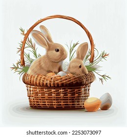 Festive basket with cute rabbit and easter orthodox eggs on a light background - Vector illustration