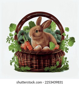 Cesta festiva con conejo lindo y huevos ortodoxos de Pascua sobre un fondo claro - Ilustración vectorial