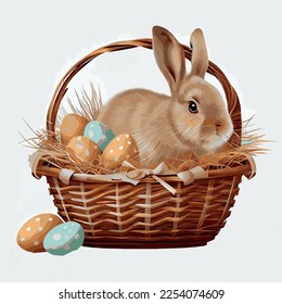 Festive basket with cute rabbit and easter orthodox eggs on a light background - Vector illustration