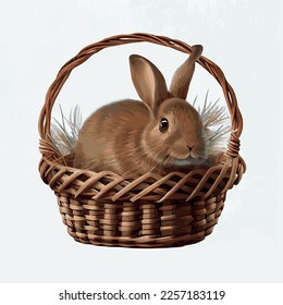 Festive basket with cute rabbit and easter orthodox eggs on a light background - Vector illustration