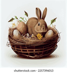 Festive basket with cute rabbit and easter orthodox eggs on a light background - Vector illustration