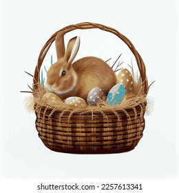 Festive basket with cute rabbit and easter orthodox eggs on a light background - Vector illustration