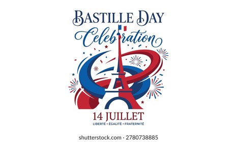 Festive Bastille Day celebration featuring fireworks, banners, and patriotic decorations in France.