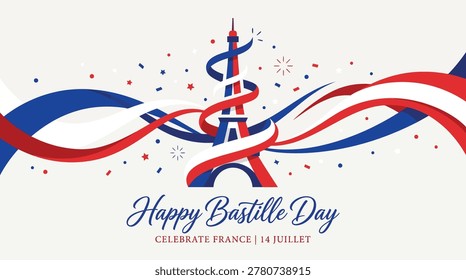 Festive Bastille Day celebration featuring red, white, and blue ribbons symbolizing French national pride.