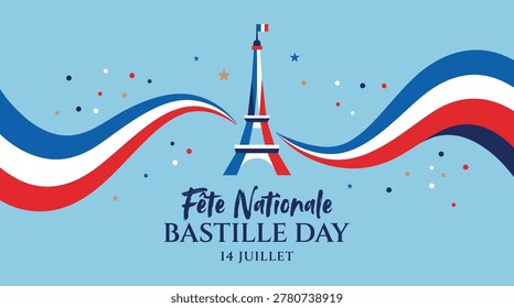 Festive Bastille Day celebration featuring the Eiffel Tower and French flag colors in a vibrant design.